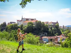 Patrick bij het uitzicht op Bautzen vanaf de Protschenberg