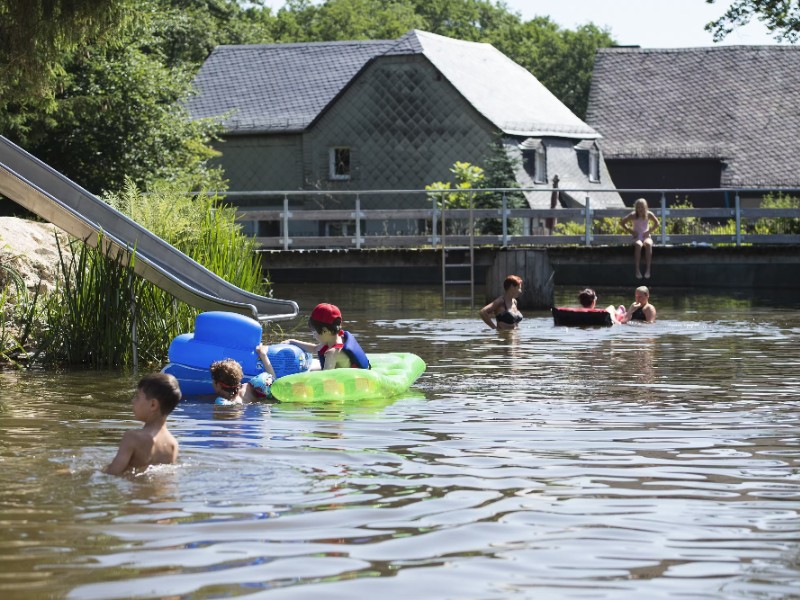 Kinderen zwemmen en spelen op de hondvriendelijke camping Harfenmuehle in de Duitse Hunsrück