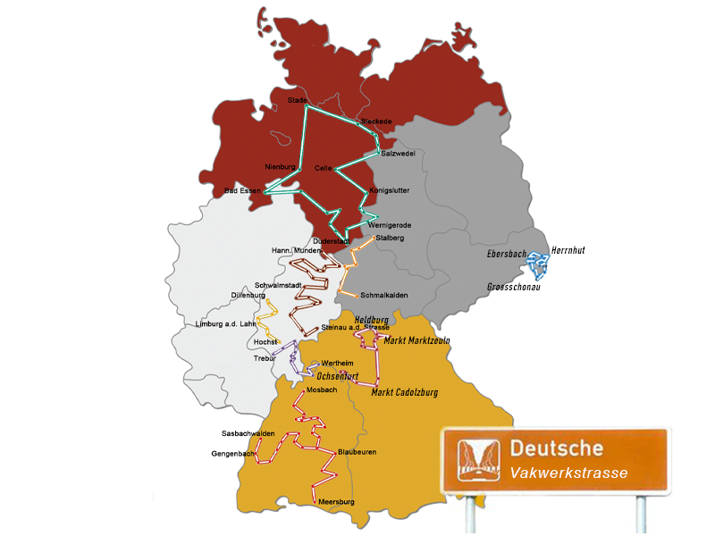 Kaartje van de vakwerkstrasse of route in Duitsland