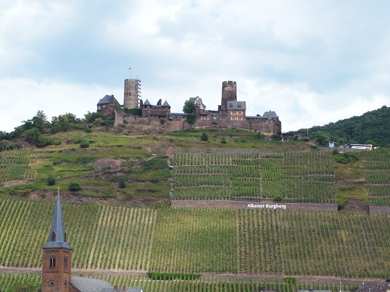 Burg Thurant vanaf de Moezel gezien, met op de voorgrond de kerk van Alken