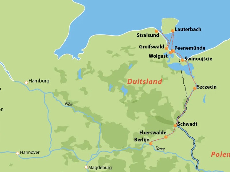 Kaartje van de riviercruise richting de Oostzee