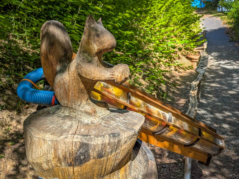 Houten eekhoorn bij de Kogelbaan aan het familie wandelpad
