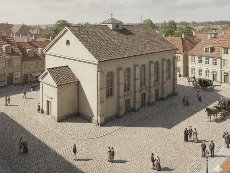 Impressie van hoe de Neoclassistische Lambertikirche er in 1820 uit heeft gezien