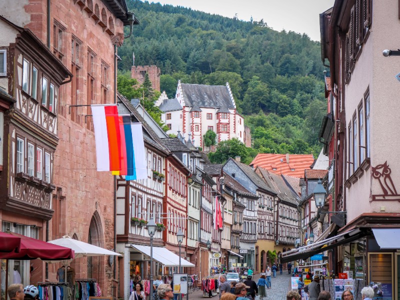 De Hauptstrasse, met Burg Miltenberg op de achtergrond