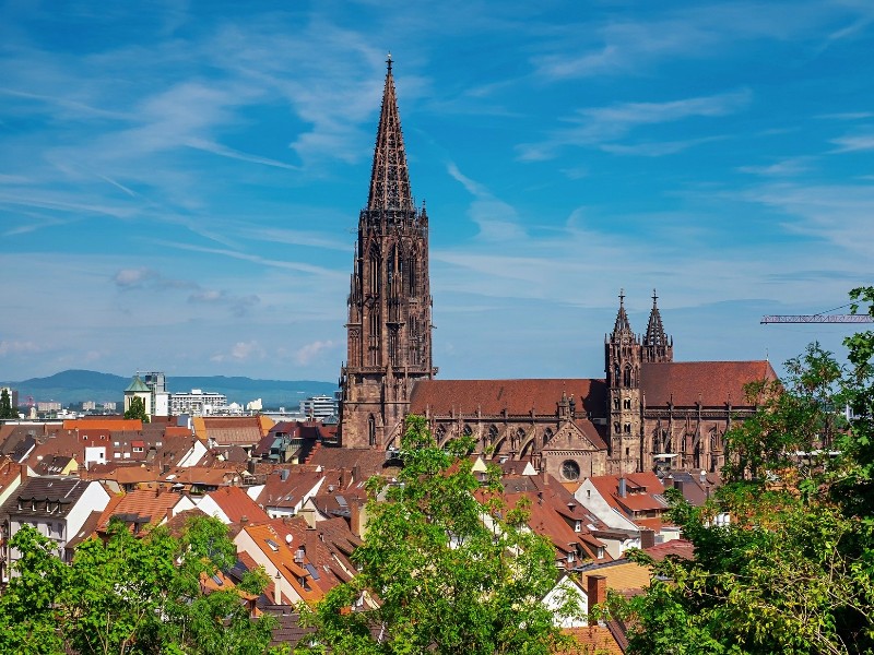 De Münster kathedraal torent boven Freiburg uit
