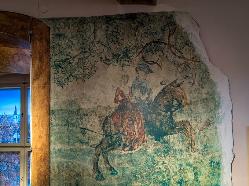 Muurschildering van graaf Philip de Jongere van Rieneck, met zijn bruid
