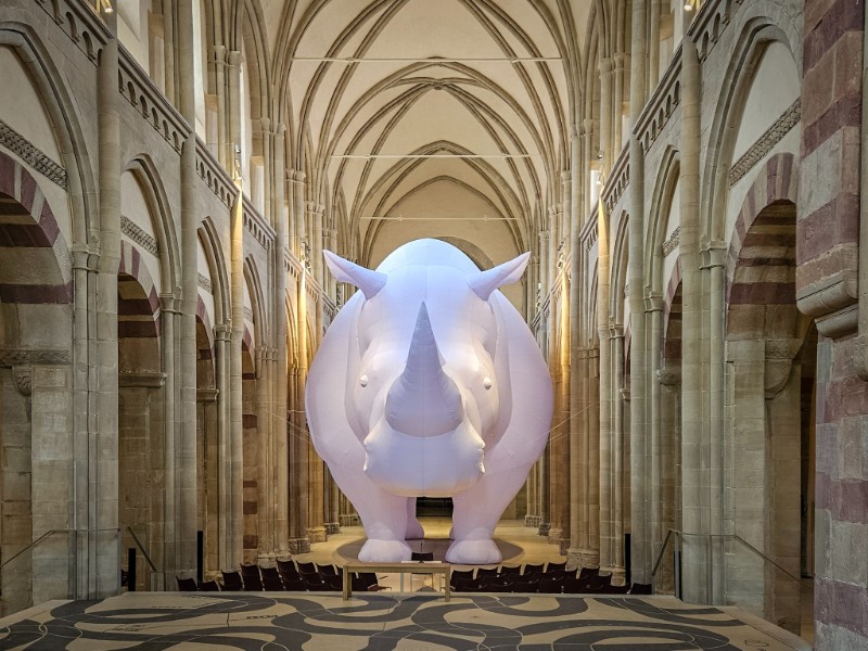 Een grote neushoorn in het kunstmuseum van het Onze Lieve Vrouwenklooster