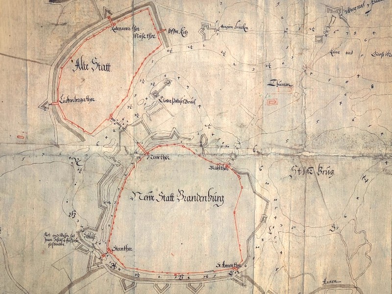 Oude kaart uit 1631 van de vestingswerken rond Altstadt en Neustadt