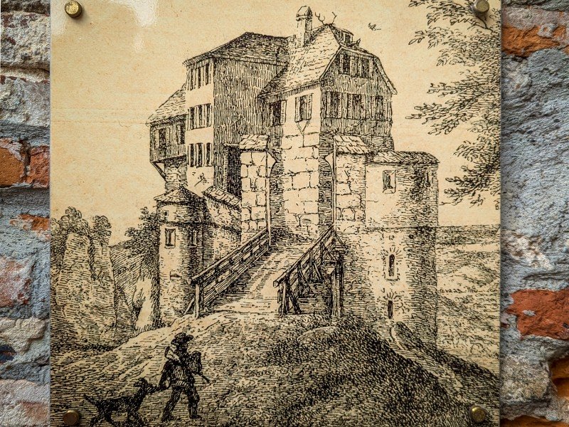 Pentekening van de oude burcht Lichtenstein, op de plek van het huidige slot