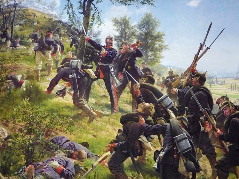 Schilderij van een slag bij Saarbrücken in 1870