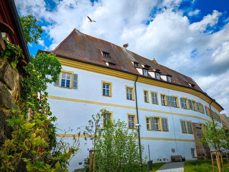 Het slot van Herzogenaurach met ooievaarsnesten
