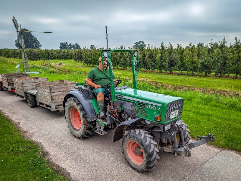 Een tractor rijdt door de boomgaarden om appels te oogsten