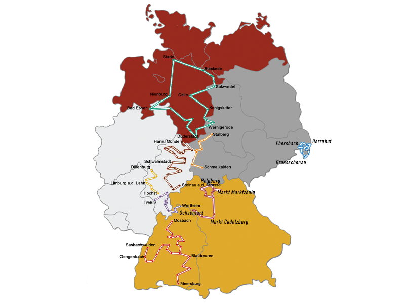 Kaartje van de verschillende routes op de vakwerkstrasse